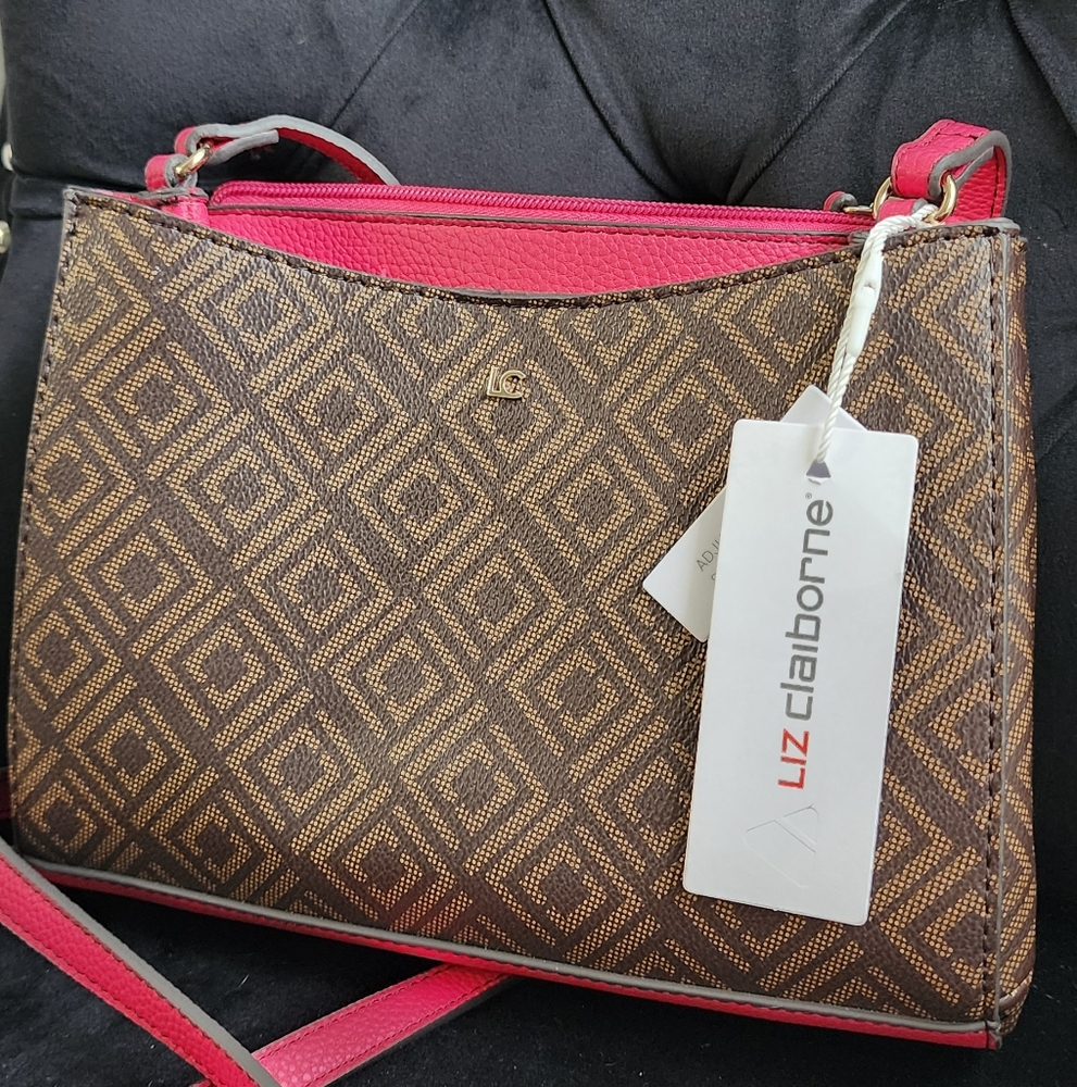 Nwt Liz Claiborne Geometric Brown and Pink Crossbody Bag